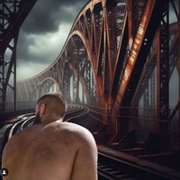 UrbanMEN - real men in front of AI generated rusty train bridges