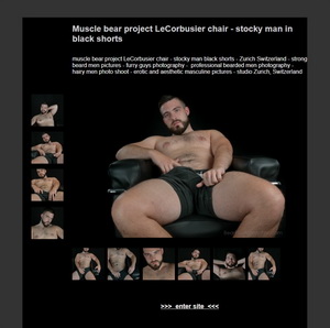 bodybuilder project LeCorbusier chair - stocky man black shorts